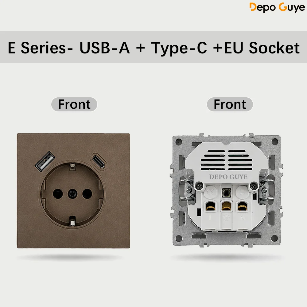 Bruine EU Rusland-stekker met USB TypeC+A Dubbele Franse 1 2-voudige TV Computer CAT6 Schakelaar DIY Functieonderdelen Kunststof Frames