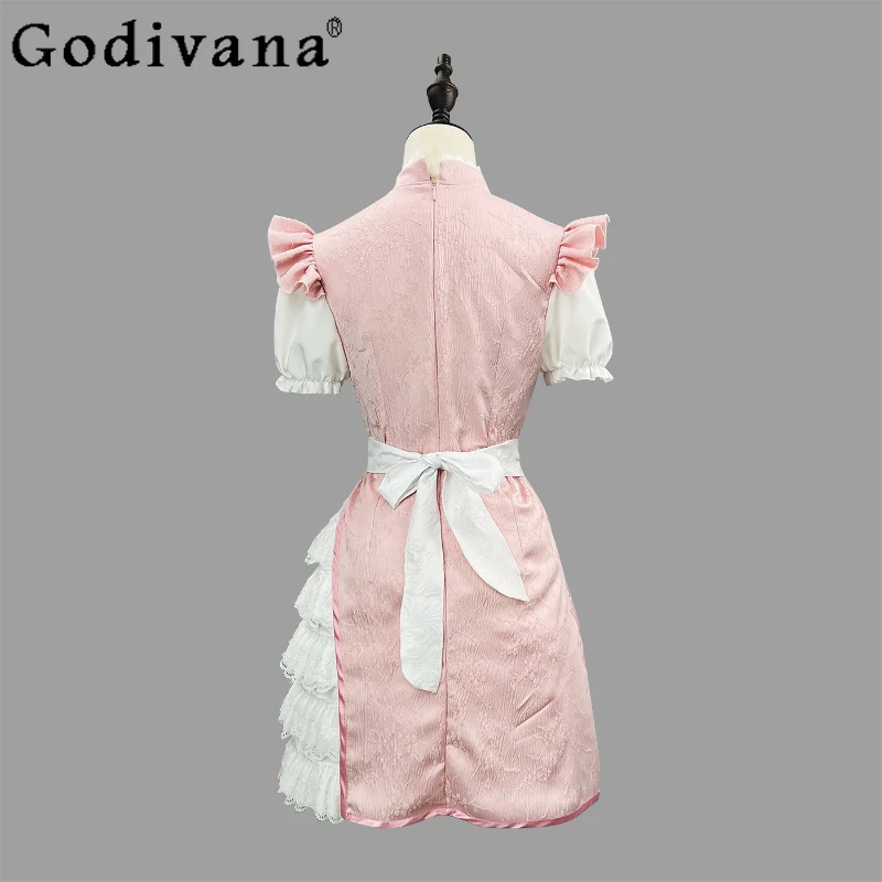 Chinese Style Improved Role Play Dress Women's National Style Maid Pink Dress Female Summer Cheongsam Cosplay Dress