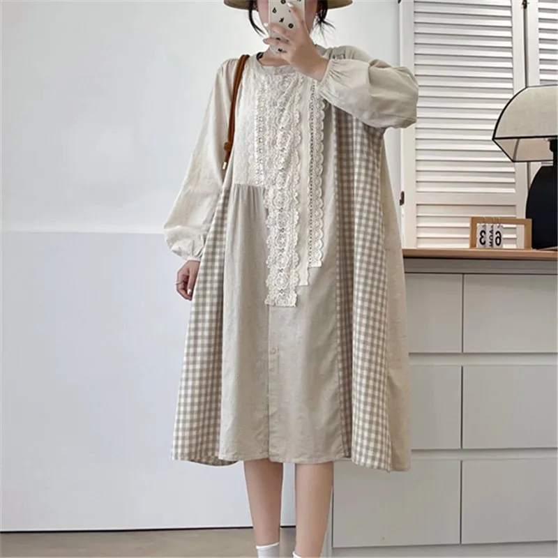 Johnature 2025 Spring New Patchwork Lace Patch Plaid Cotton Dress Spring New Retro Casual Loose Full Sleeve Women Dresses