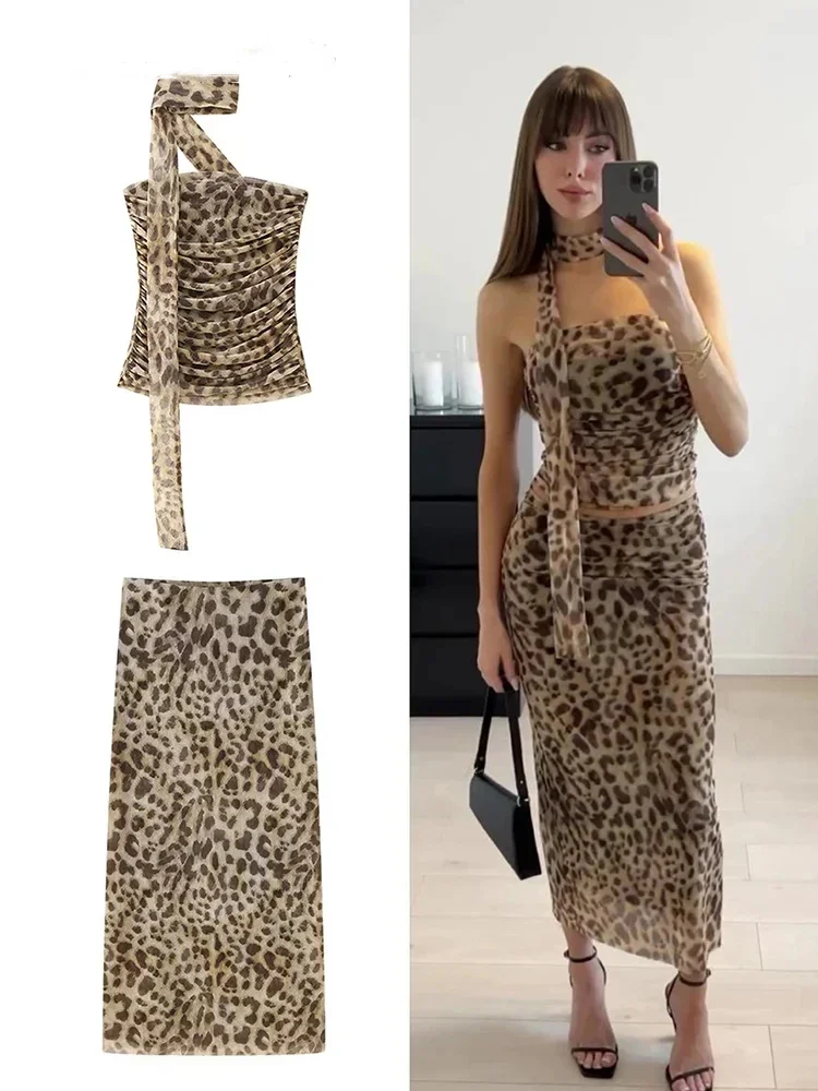 Conjunto de duas peças de padrão leopardo feminino, top sem mangas, gola redonda, quadril enrolado, vestido longo no tornozelo, moda coreana, retrô, novo