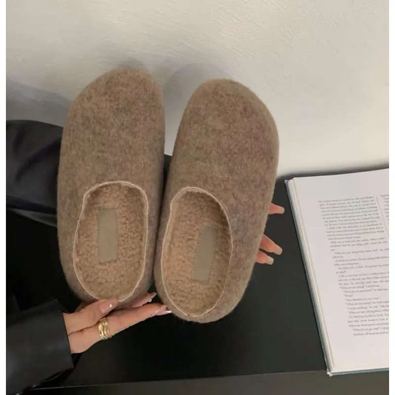 Autumn Design Women's Mules Slippers Platform Flats Outdoor Slides Fashion Slip on Woolen Fabric Shoes