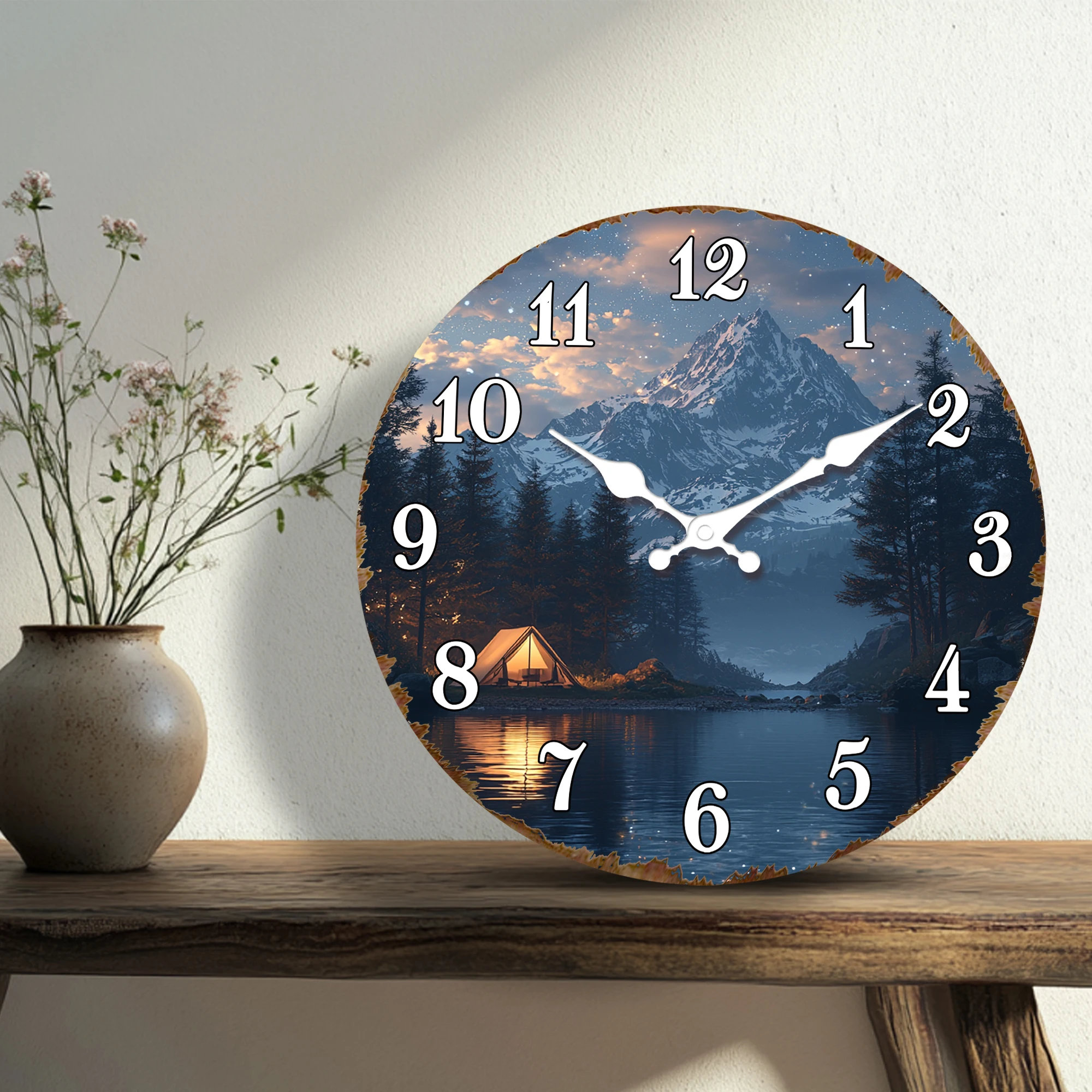 Serene Mountain Lake Camping Wall Clock - Starry Night Sky with Illuminated Tent and Snow-Capped Peak, Tranquil Round Decorative