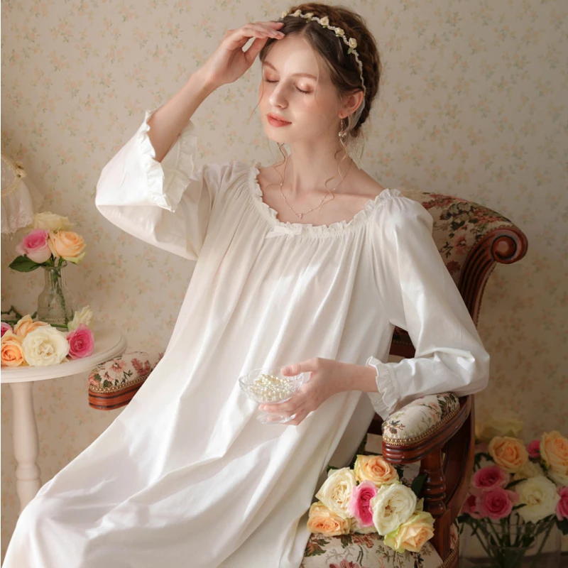 Vintage Cotton Loose Night Dress Women Spring Autumn Kawaii Ruffles Long Sleeve Sleepwear Princess Nightwear Nightgown Home Wear