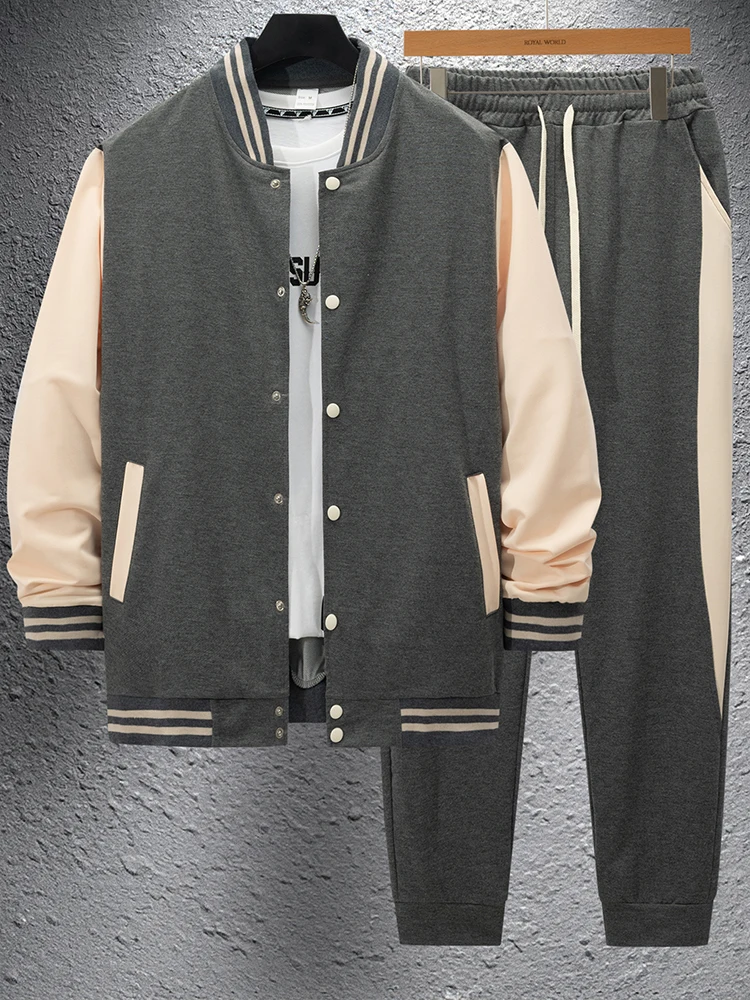 Vintage Mens Patchwork Two Pieces Suits Spring Autumn Casual Zip-up Jacket And Pants Outfits Men Sets Fashion Loose Tracksuits
