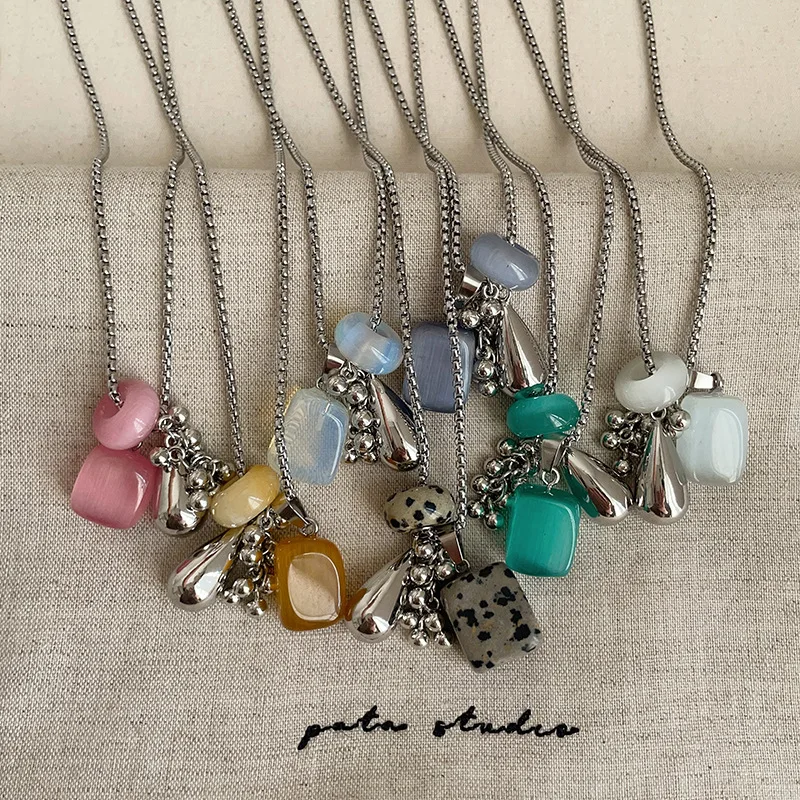 Trendy Hot Colorful Natural Stone Grape Strand Water Drop Tassel Pendant Necklaces for Women Silver Color Box Chain Chokers