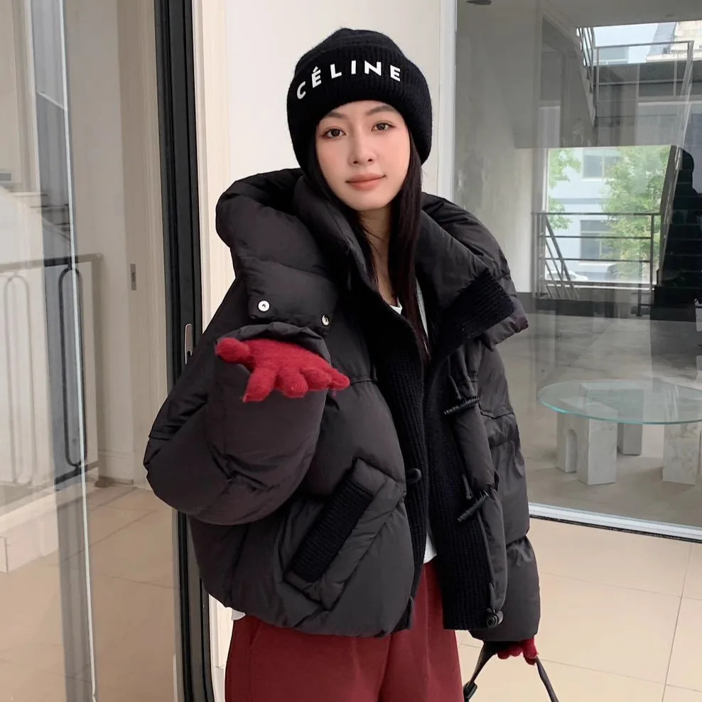 2025 Winter New Women's Down Jacket Commuter Hoodie Knitted Splicing Single Breasted White Duck Down Jacket