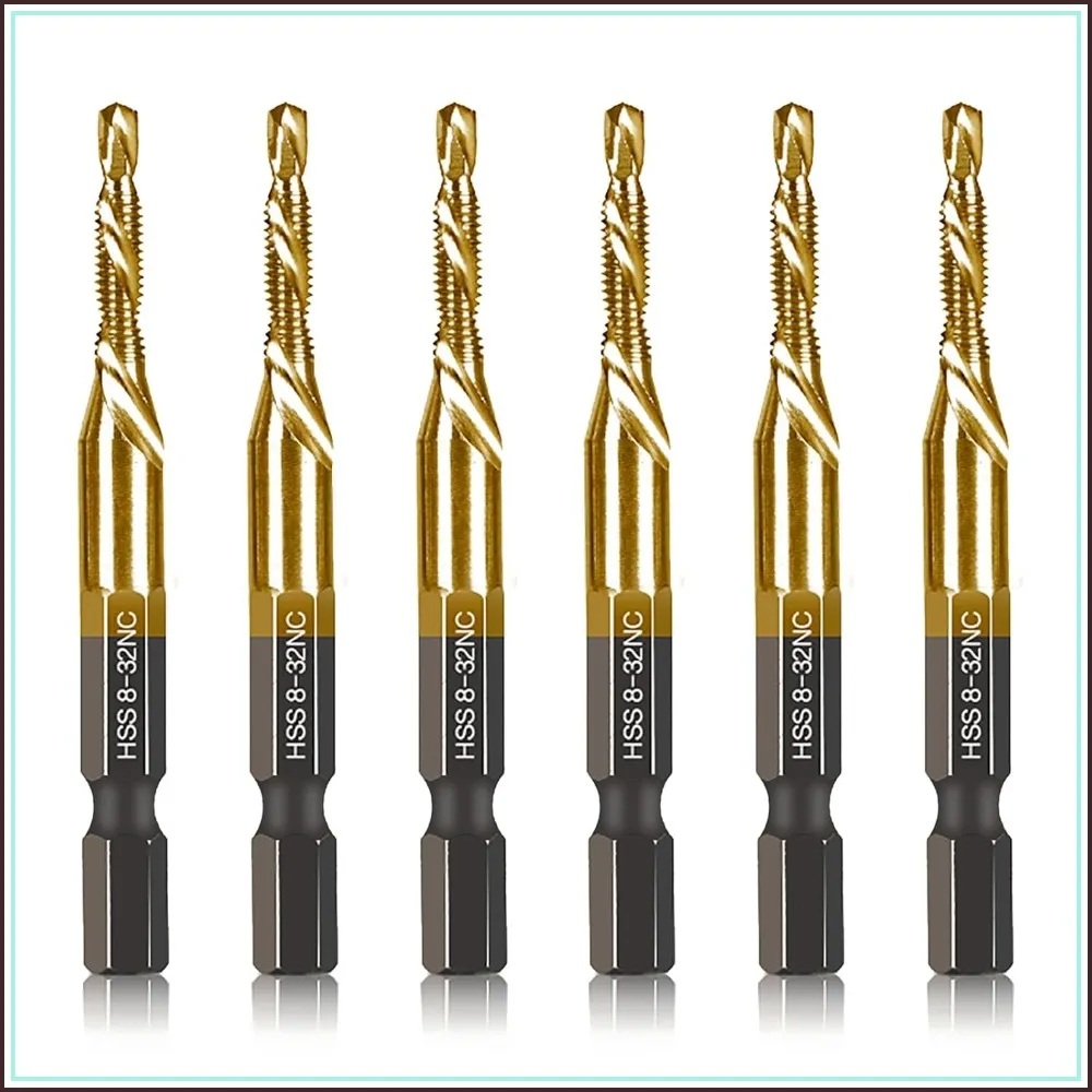 

6-Piece 8-32NC Combination Drill Tap Bit Set, Titanium Coated HSS, 1/4" Hex Shank for Metal Wood Plastic