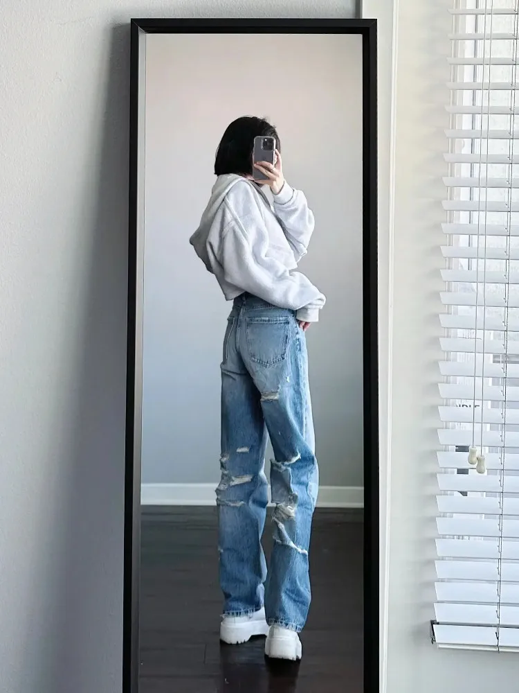 

American Retro Extended Light Blue Hole Straight Leg Jeans Women Tall Slimming Floor-Length High Street