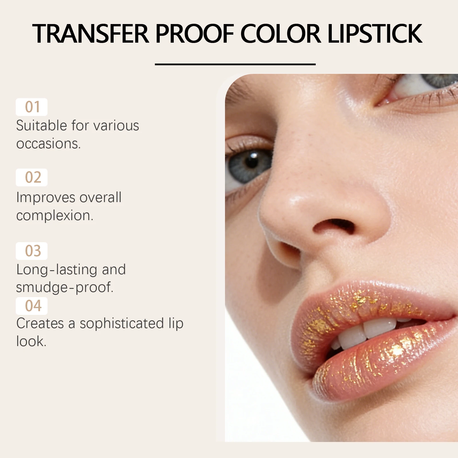 Farbwechselnder Lippenstift mit Goldpartikeln, feuchtigkeitsspendend, glänzend, transferfest, langanhaltend, feuchtigkeitsspendender Lippenbalsam, weicher, praller Finish, 3,5 g – Detail 2