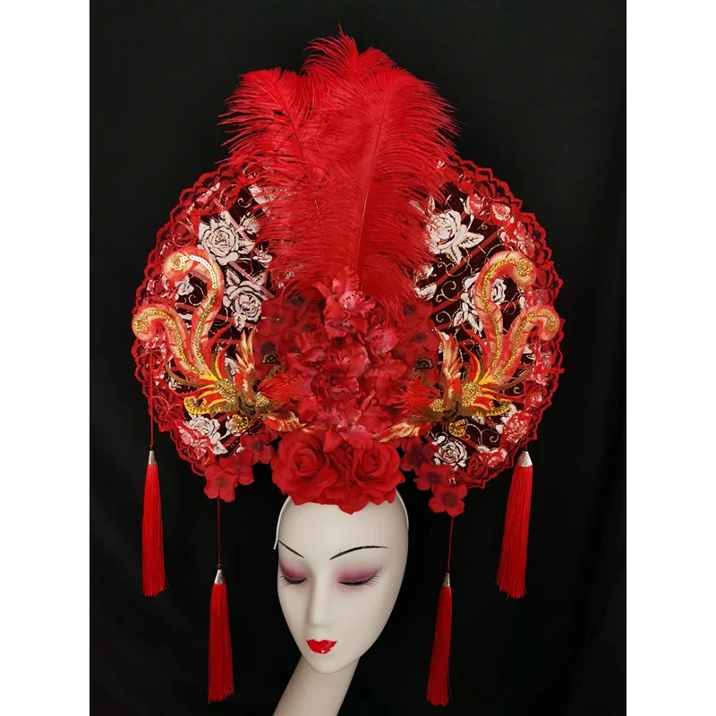 Chinese style red creative model catwalk exaggerated personality atmosphere luxury makeup style fan headgear women's one