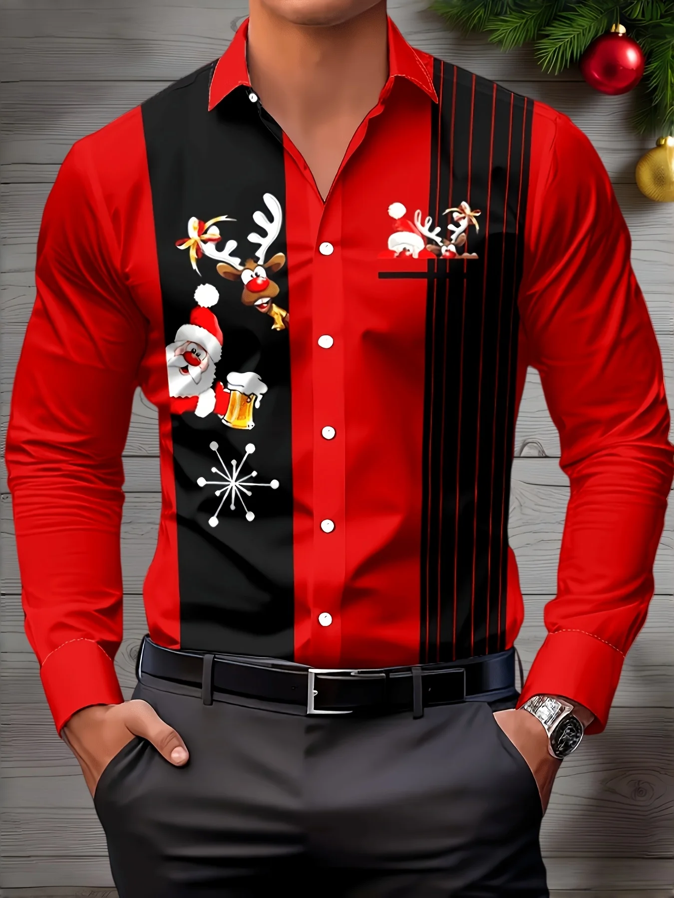 2026 Christmas Men's Tops Vertical Stripe Santa Reindeer Beer Print Autumn Winter Holiday Party Casual Wear New Year Men Clothes