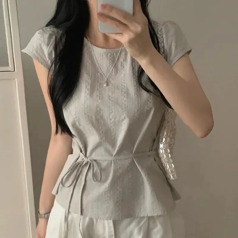 

Korean Chic Grid Tops&Tees Summer Y2K Retro Niche Design Temperament Fashionable Casual Round Neck Onesize Drawstring Shirt New