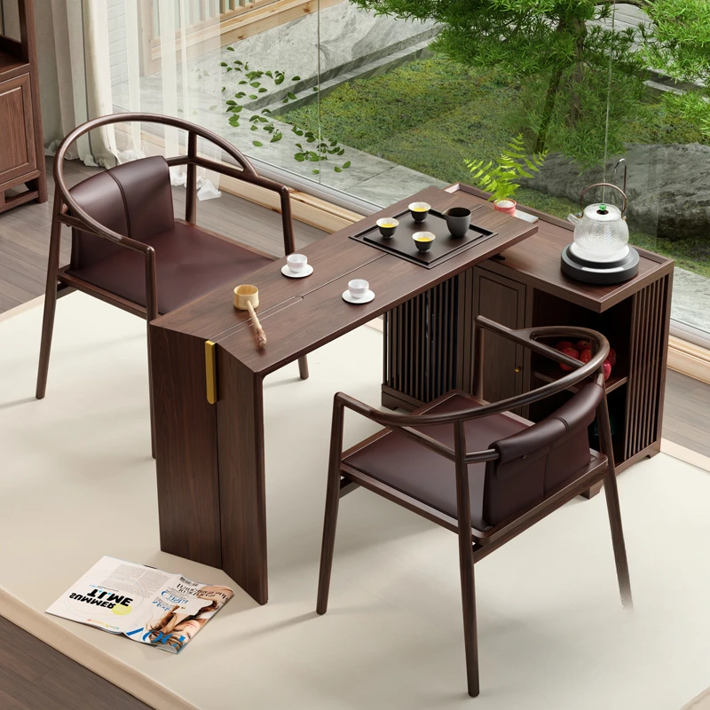 

Small apartment balcony mobile tea table and chair combination black walnut tea table