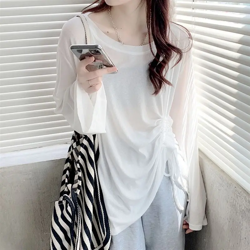 2024 Spring New Ice Shreds Knitting Women Summer Loose Round Neck Drawstring Long Sleeved Thin Style Solid Color Casual Tops