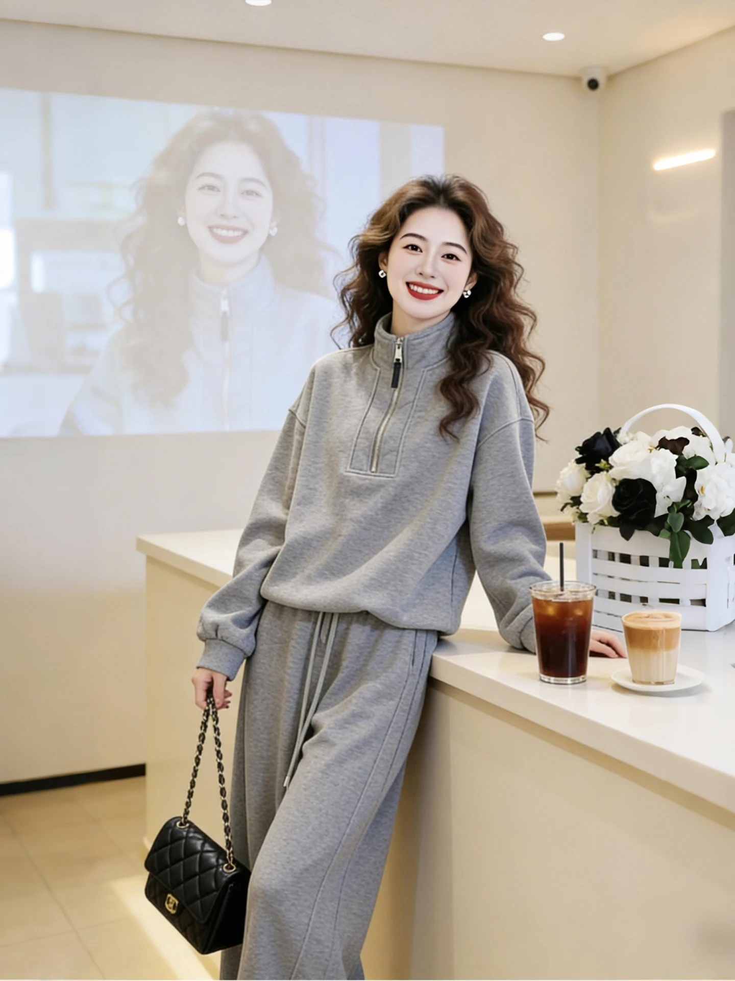 

Laid-back Style Casual Sports Set Women's Spring Korean Fashion High-End Feel Half Zip Sweatshirt Commute Two-piece Set