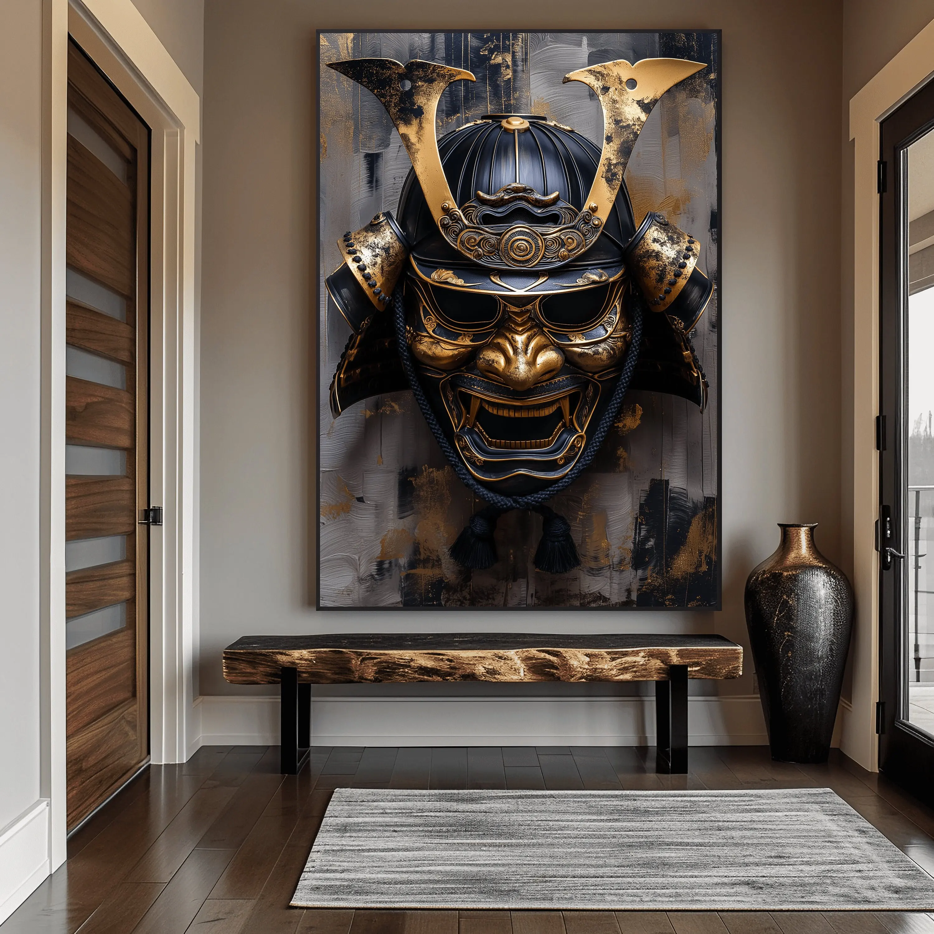 Modern Samurai Mask Canvas Art Print, Frameless Wall Decor for Living Room & Bedroom