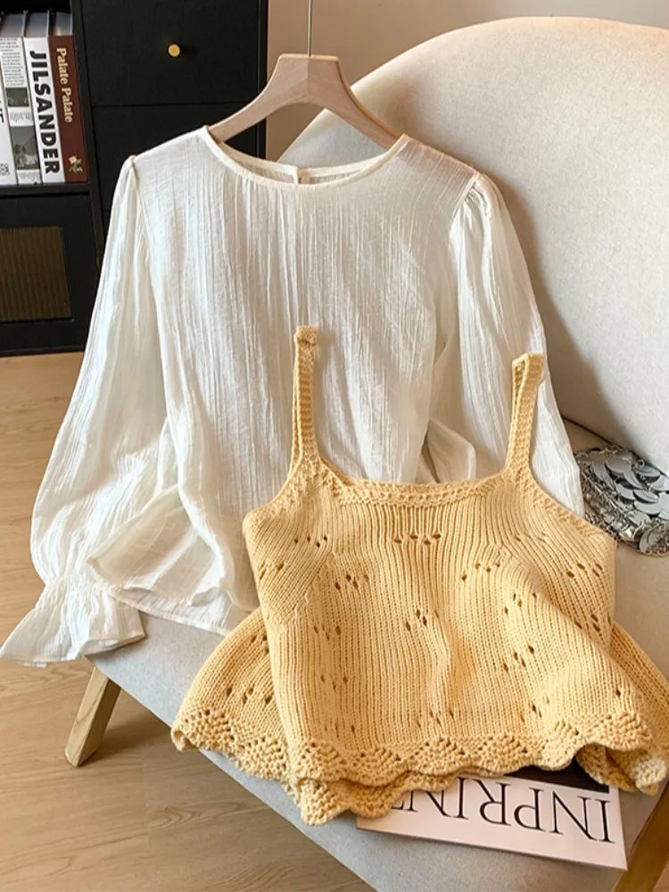 Rood uitgehold gebreid vest met bandjes Lente vroege dames Faion tweedelige set woon-werkverkeer Sle Loose Fit Long Sve Soft