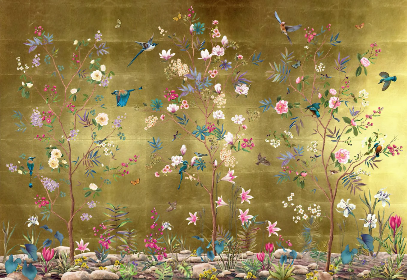 Customized size gold background mural Chinese gold, flower, bird, tree branch mural, living room and bedroom wall decoration