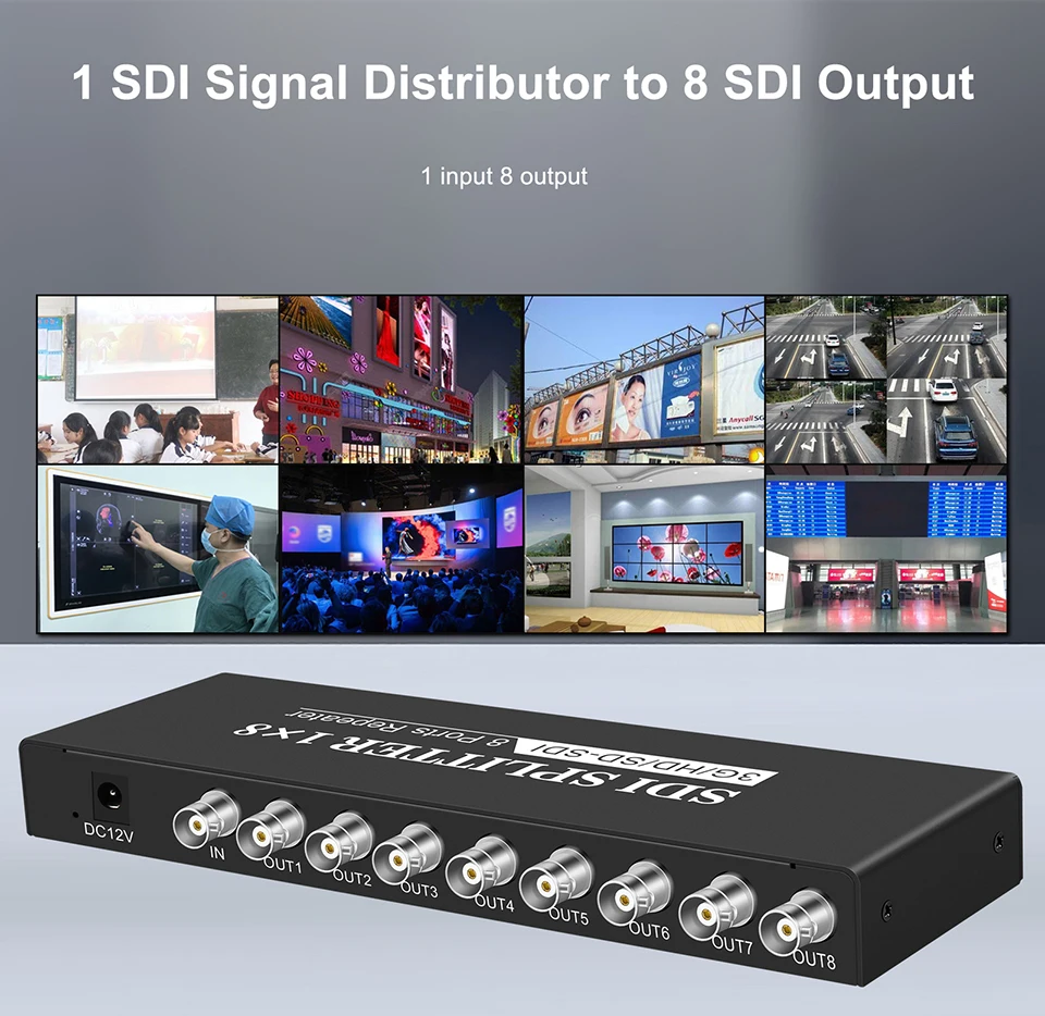 SDI 1x8 Splitter SD-SDI, HD-SDI, 3G-SDI SDI 1x8 Splitter 1 Input 8 Output Trunk Extender with Power Adapter for SDI Cameras