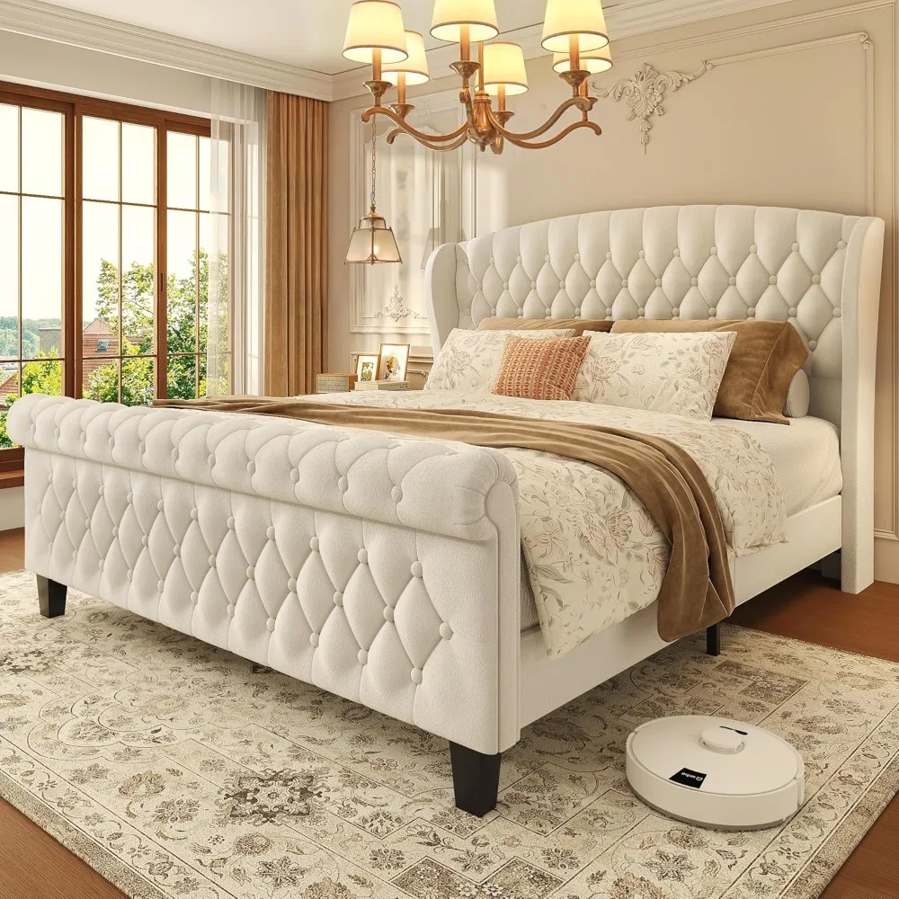 Struttura del letto Queen Sleigh imbottita in velluto Testiera con alette Pedana a scorrimento Nessun pulsante di supporto robusto necessario con molle