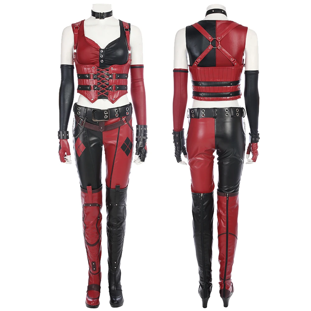 Arkham city cosplay weibliches joker kostüm halloween karneval quinzel sexy outfit frauen leder kleidung komplettes set