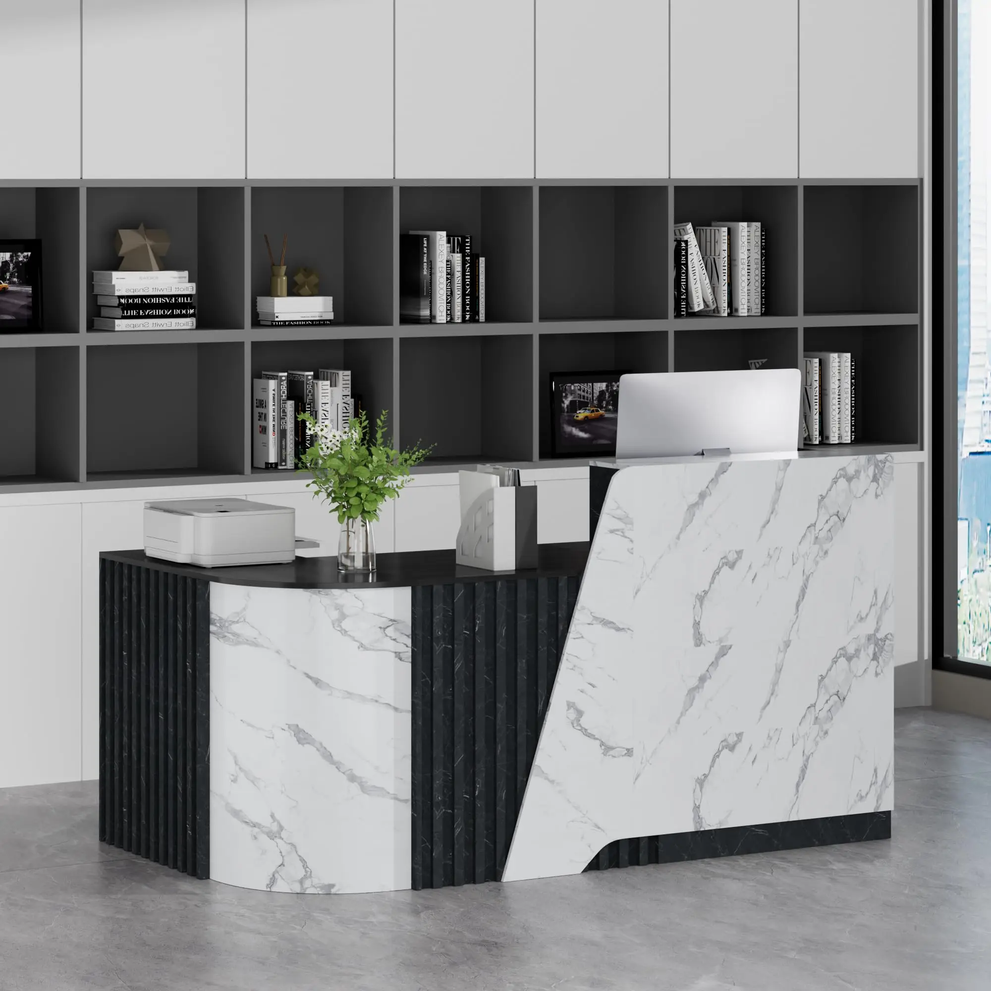 L-Shaped Reception Desk with Curved Corner, Vertical Wood Slat Design, Large Front Counter with Keyboard Tray, Lockable