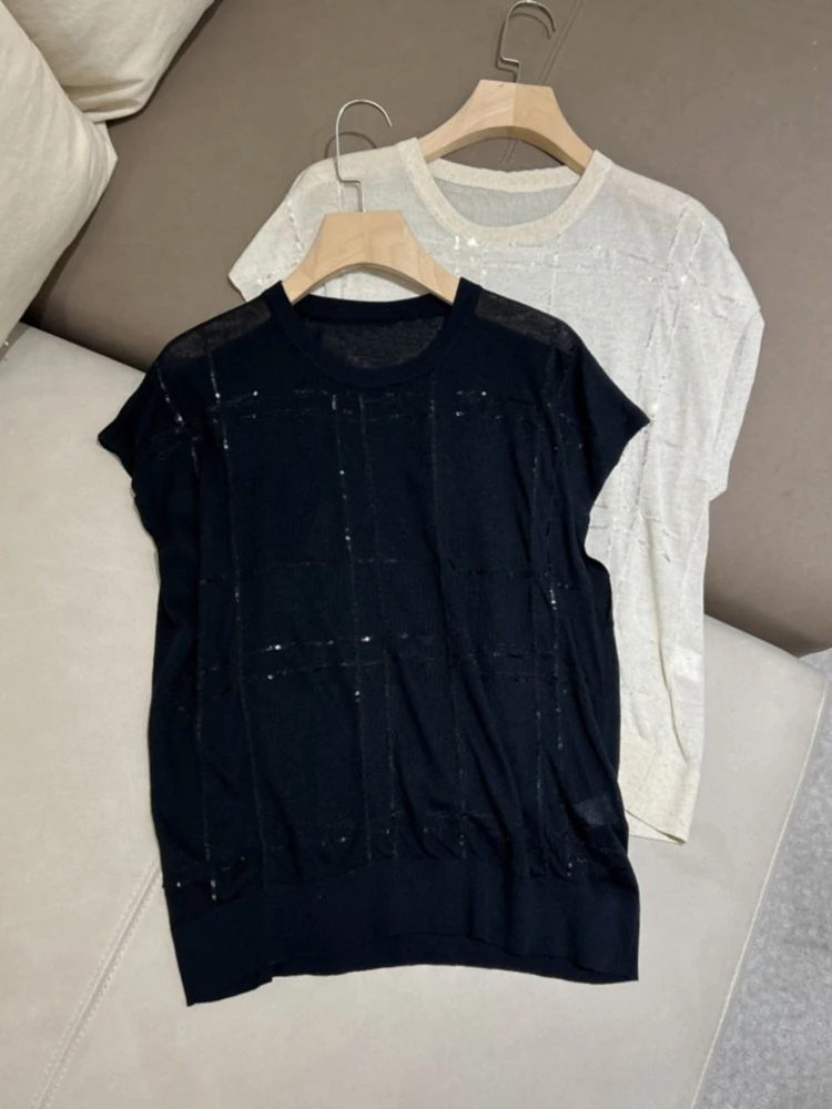 

Sequins trim linen silk short sleeve knitted top