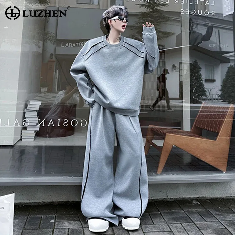 

LUZHEN, осенние модные комплекты из двух предметов, новинка 2025, высокое качество, полосатый лоскутный дизайн, пуловер, толстовка, свободные повседневные брюки JY5877