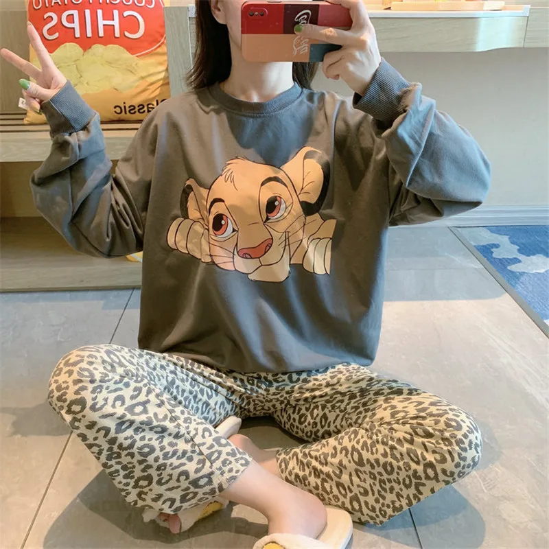 Disney Cartoon Lion King Simba Pajamas Women\'s Spring Autumn Long-sleeved Trousers New Girl 2pcs Leopard Print Homewear Suit