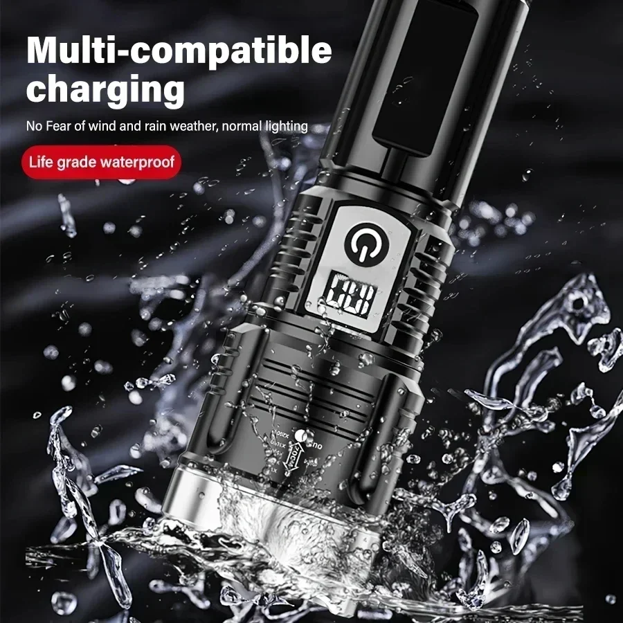 Powerful LED Flashlight Built-in Battery USB Rechargeable Zoom Torch With Power Display Outdoor working Tactical Flashlights