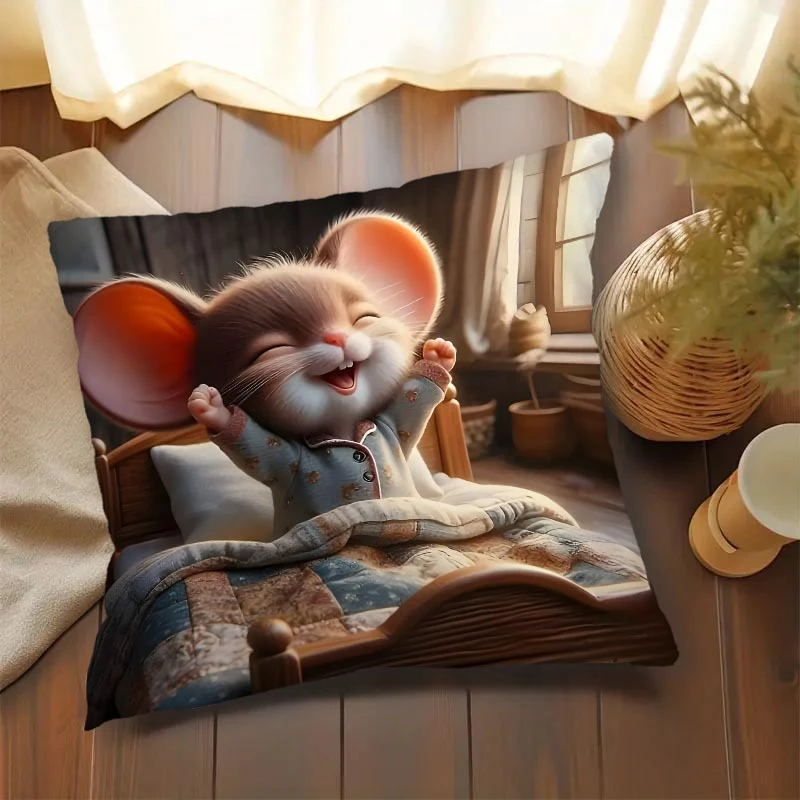 Cute Cartoon Mouse in Pajamas Pattern Pillow Decorative Cushion Cover for Home Office Living Room Sofa Decoration