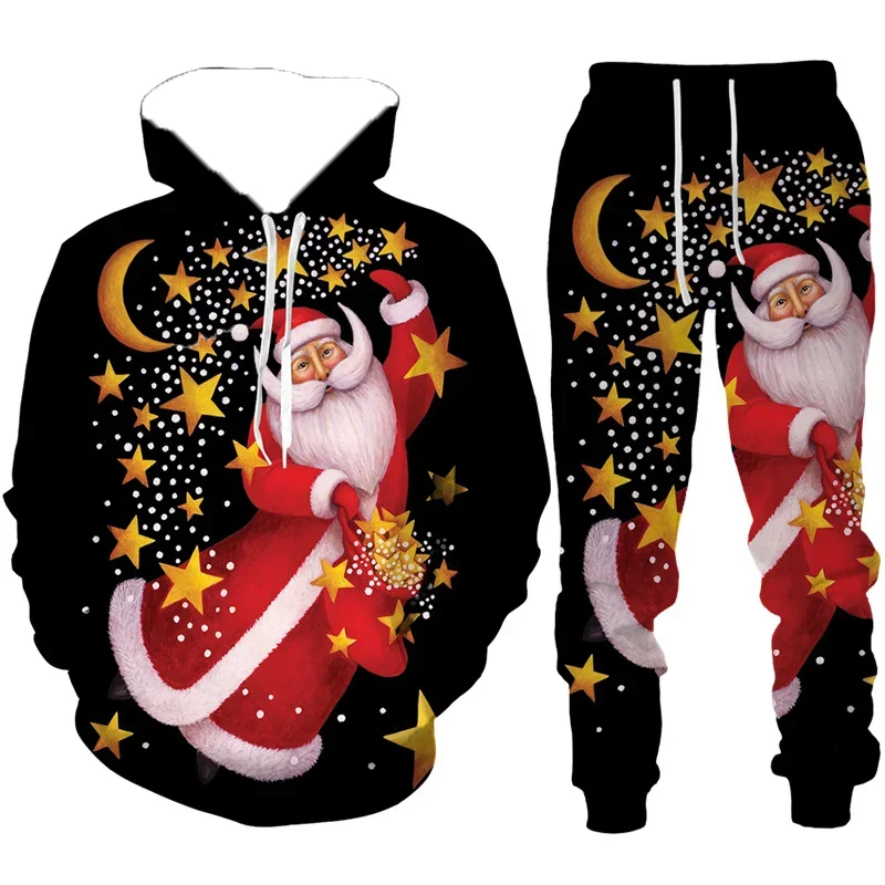 

Осенне-зимний мужской комплект с капюшоном. Мужской уличный спортивный комплект с капюшоном с принтом Санта-Клауса. Быстросохнущий и дышащий комплект с капюшоном.