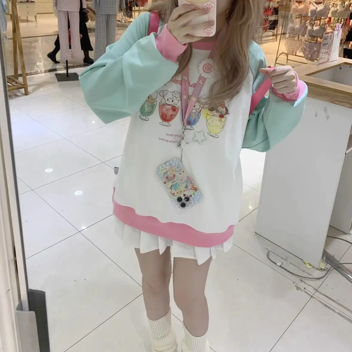 Japanese Cute Patchwork Raglan Sleeves Contrasting Color Hoodie Women\'s Autumn and Winter New Dopamine Top Women\'s Loose Fit