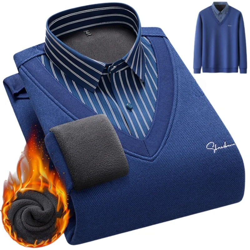 

Men's thickened warm Shirts plus size Autumn/Winter double-sided fleece top lush Warm Knitted Pullover Men shirts blouse