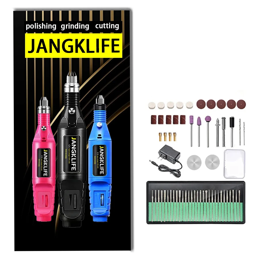 JANGKLIFE قلم نقش كهربائي قابل للتعديل 5 سرعات أداة دوارة مثقاب صغير مع مجموعة طحن متعددة الوظائف