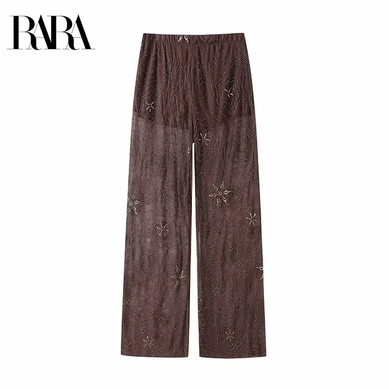 

RARA Women's Summer New Sequin Bead Embellished Casual Elegant Sheer Tulle Semi Transparent Long Double Layer Straight Pants