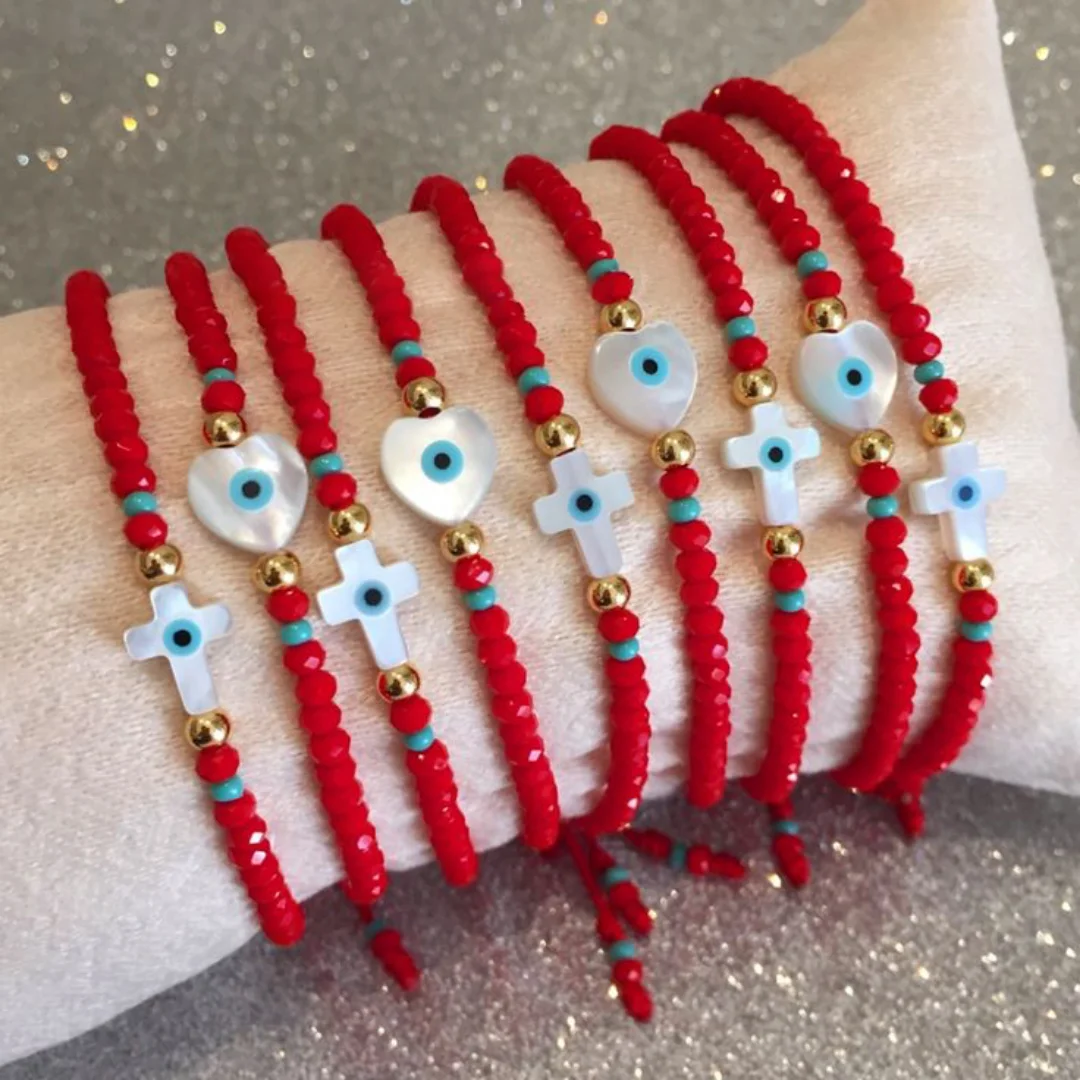 Vlen Turkish Evil Eye Cross Bracelet Red Color Crystal Beads Heart Bracelets for Women Stretchy Pulseras Ojo Turco Jewelry