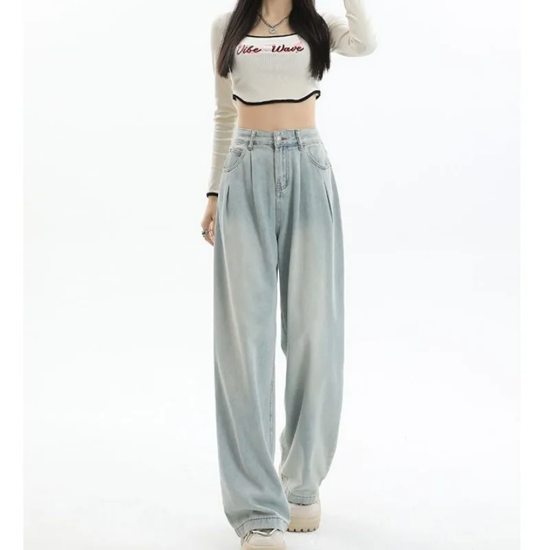 

2026 New Retro Fashion Lady Baggy Jeans Female Chic Design Straight Leg Denim Pants Girls Korean High Waist Trousers