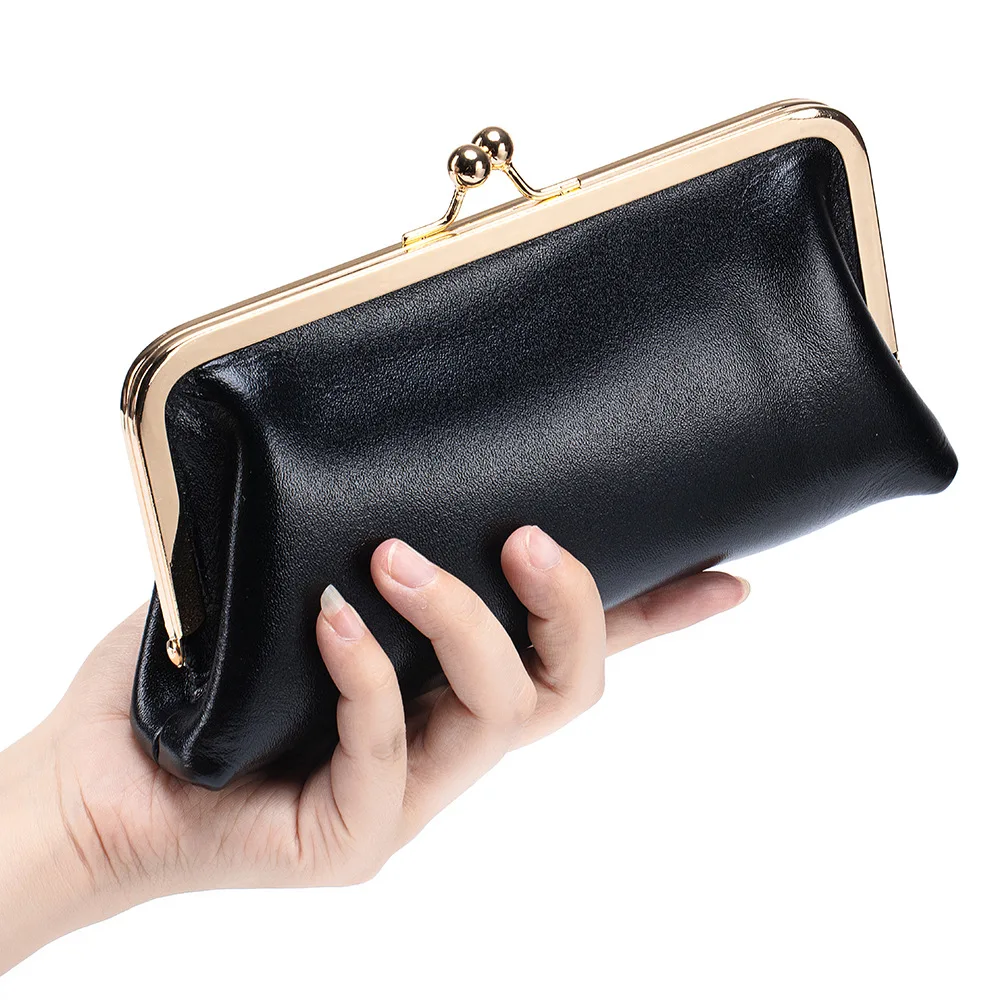 

Brand Kiss-Lock Women's Wallet Multi-Functional Vintage Wallet Genuine Leather Large Capacity European Style Long Clutch Wallet