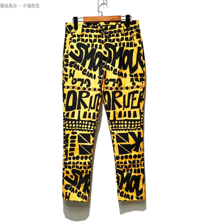 Male Casual Pants Singer Stage Wear Mens Fashion Yellow Letter Floral Print Suit Trousers Hip Hop Nightclub Stage Singer DJ