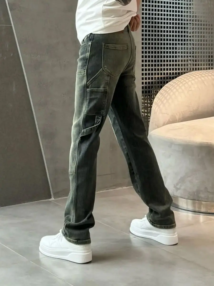 Lente en zomer 2025, nieuwe retro casual, veelzijdige en dunne broek met rechte pijpen, gewassen losse cargo punk blauwe tooling jeans heren