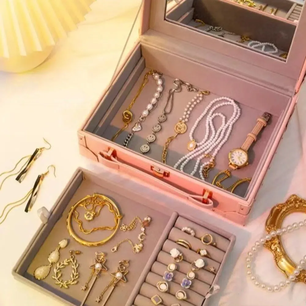 Double Layer Jewelry Packing Box Multi-function PU Leather Earring Storage Case Necklaces Bracelets Headdress Organizer