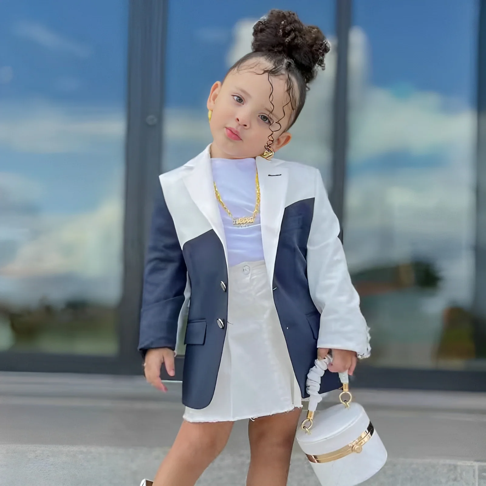 1-8years Kids Children\'s Girls Blazers Coat Autumn Winter Clothes Blue White Pathwork Single Button Jacket Outerwear Clothing