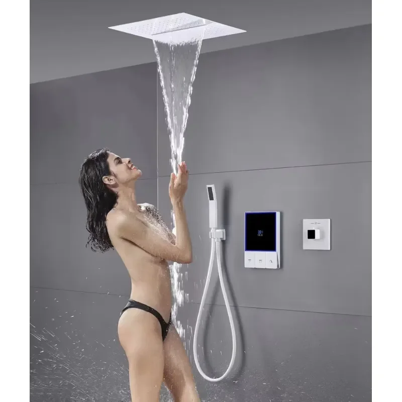 LED Digital Display Ceiling Rainfall Shower Set 3 Function Concealed Waterfall Mixer Thermostatic Bathroom Black Matte