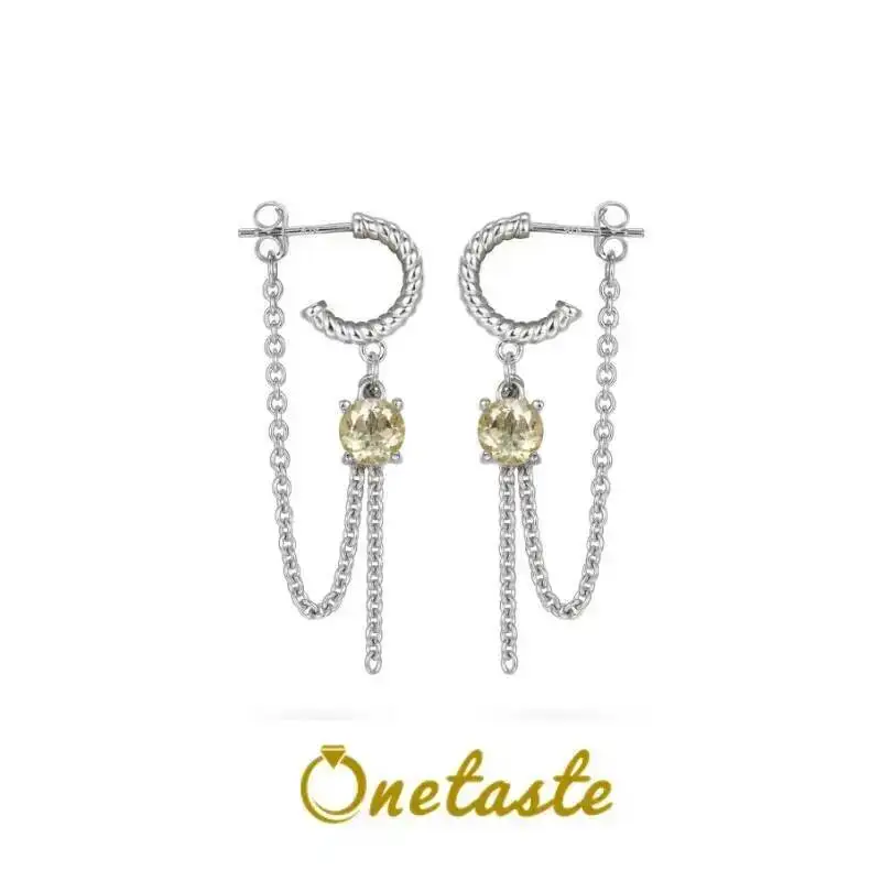 

Серьги-кольца из стерлингового серебра 925 пробы с цитрином и цепочкой-кисточкой, модные висячие серьги для женщин, подарок на вечеринку