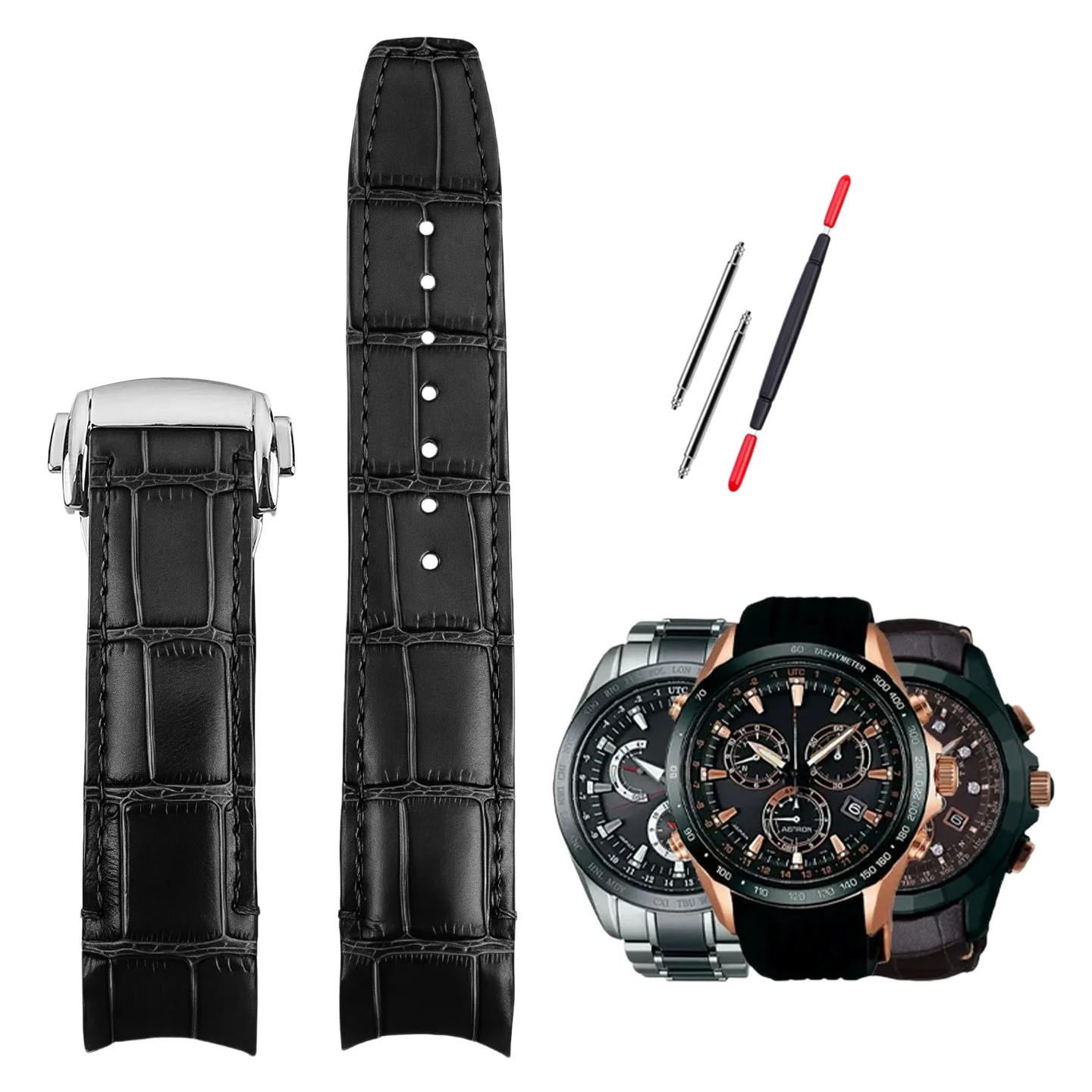 For Seiko Strap Arc Shaped Openings for Seiko ASTRON Series 21mm Curved End Crocodile Patterned Genuine Leather Strap Men