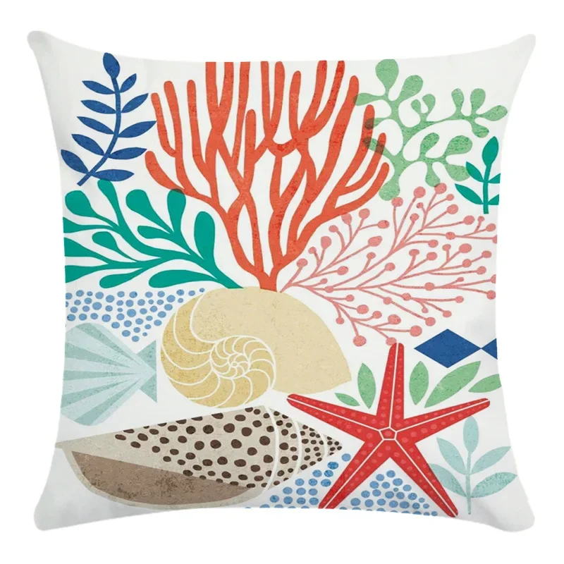 Decorative Cushion Cover Watercolor Marine Life Ocean Coral Shell Starfish Print Polyester Pillow Case Bedroom Sofa Decoration