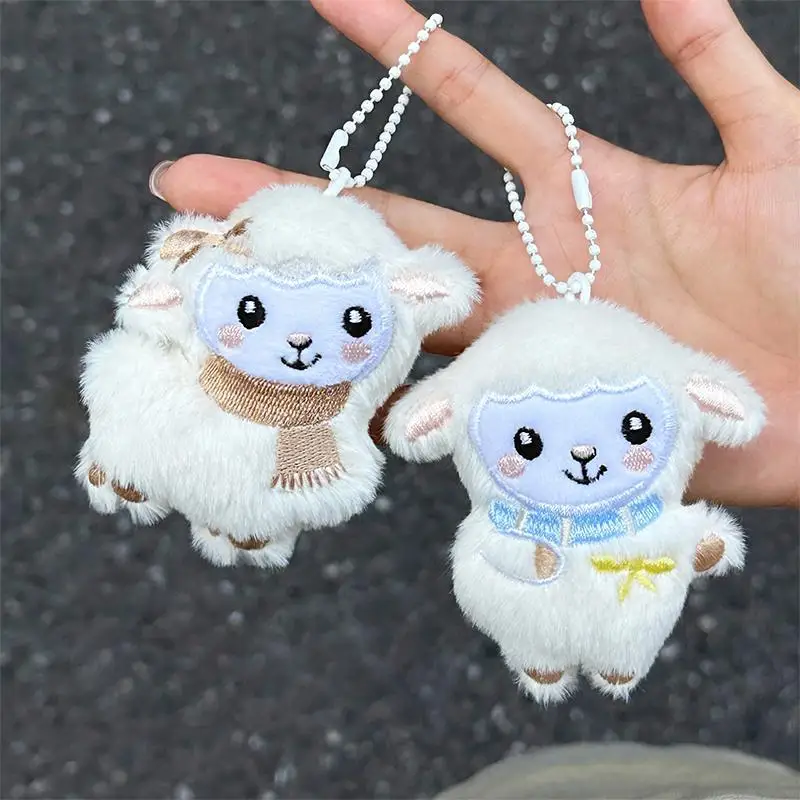 Soft Fluffy Plush Sheep Keychain Cute Embroidery Detail Stuffed Key Ring for Kids Gift Travel Backpack Hanging Pendant