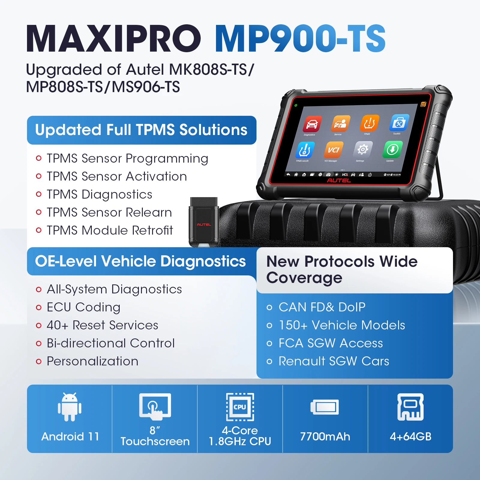 Autel MaxiPRO MP900TS Auto TPMS Diagnostic Tools MP900-TS automobile OBD2 Scanner CAN-FD&DOIP ECU Coding Upgrade of MS906TS