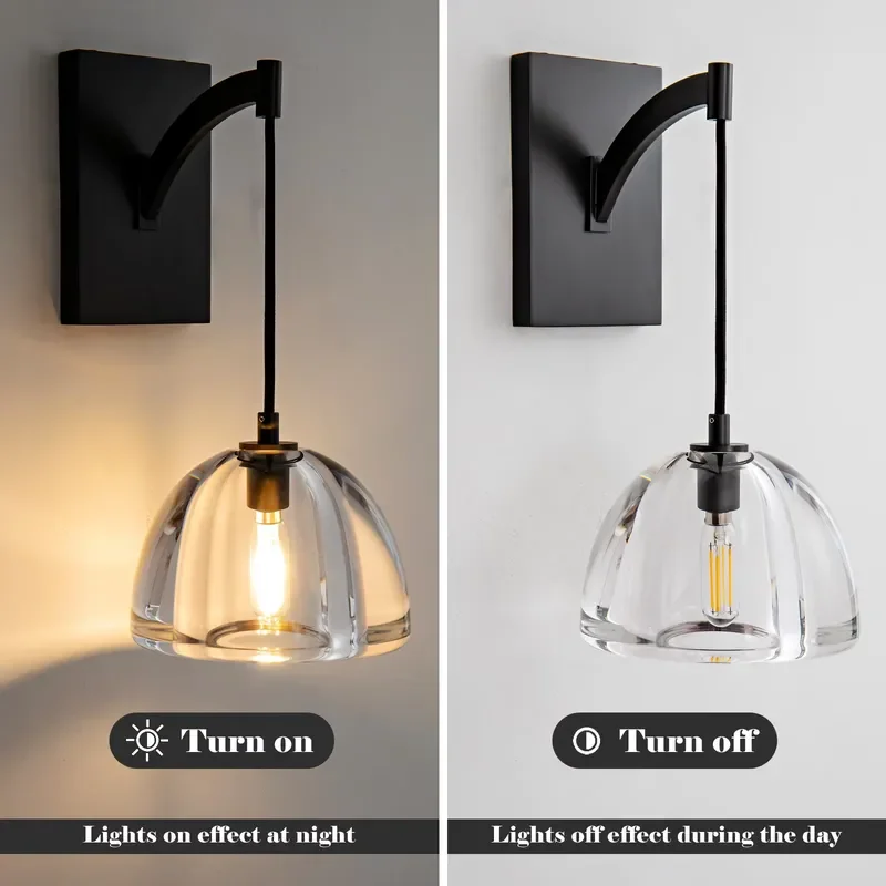 Modern Matte Black Wall Sconce with K9 Crystal Dome Glass Shade Curved Arm LED Light for Bedroom Bedside Fireplace Decor K9